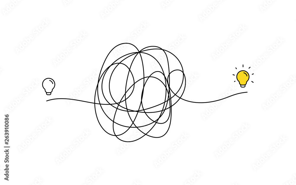 very hard thinking of inspiration idea through a complicated way illustration. light bulb off to on with messy line symbol. tangled scribble line vector path doodle design. - obrazy, fototapety, plakaty 