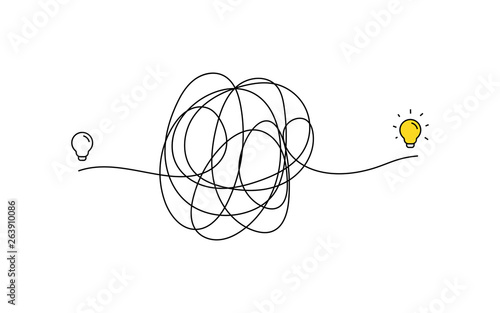 very hard thinking of inspiration idea through a complicated way illustration. light bulb off to on with messy line symbol. tangled scribble line vector path doodle design.