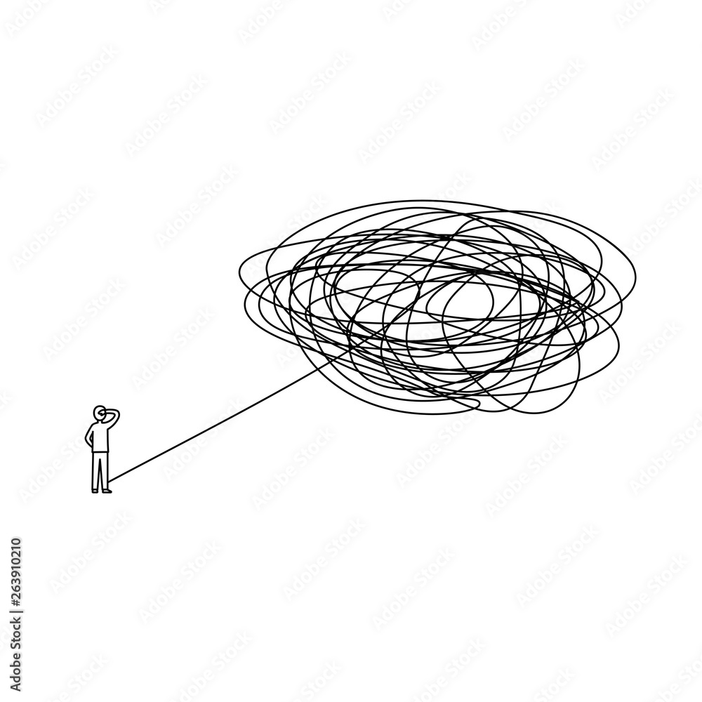 standing man with complicated problem must be solved ahead illustration. businessman with difficult way process await. tangled scribble line vector path doodle design. standing man with complicated problem must be solved ahead illustration. businessman with difficult way process await. tangled scribble line vector path doodle design.