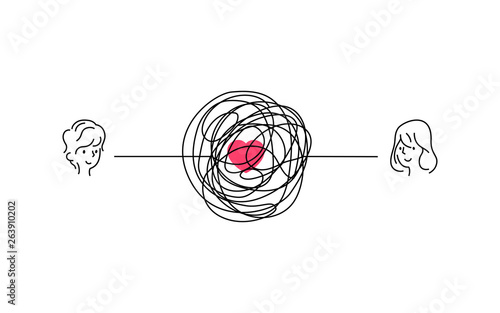 happy couple with complicated love relationship illustration. smile boy and girl face with messy line connection. tangled scribble line vector path doodle design.