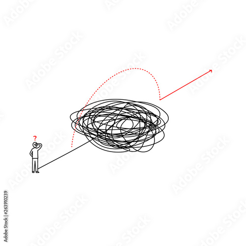 solution looking for complicated problem illustration. businessman looking for ways to success symbol. tangled scribble line vector path doodle design.
