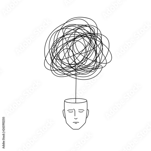 complicated abstract mind illustration. empty head with messy line inside. tangled scribble doodle vector path design.