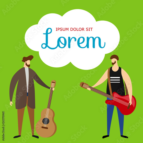 Acoustic, Electric Guitarists on Green Background.