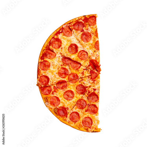 Fresh tasty half pepperoni pizza isolated on white background. Top view