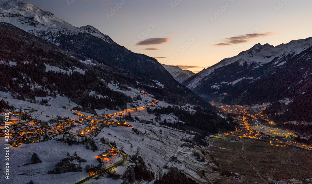 View of valley near Bormio (Italian Alps) at sunset
