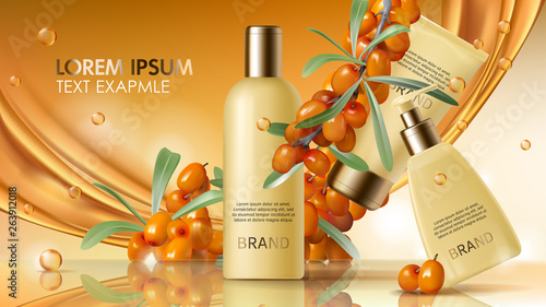 Sea buckthorn cosmetics vector realistic ads poster. Elegant packaging with cosmetic cream or lotion, branch with juicy orange seaberry, olive green leaves and flowing golden oil, magazine mockup