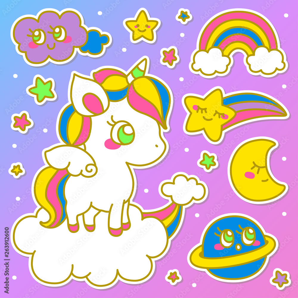 Set of Decorative Fashion Patches, Badges, or Pins. Unicorn, Rainbow, Cloud, Star, Half Moon, Planet. Set of Decorative Fashion Patches, Badges, or Pins. Unicorn, Rainbow, Cloud, Star, Half Moon, Planet.