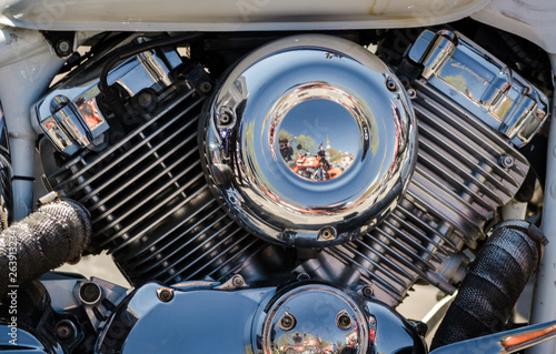 chromed chopper motorcycle engine closeup