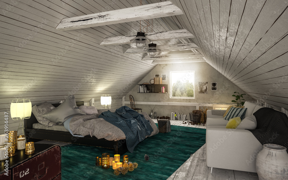Gemütliches Schlafzimmer mit Bett im Dachgeschoss Stock Illustration |  Adobe Stock