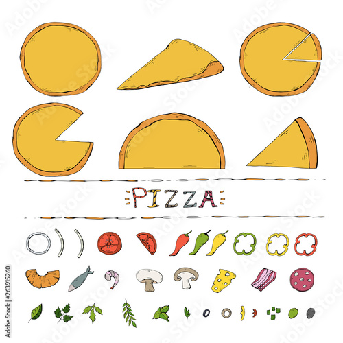 Vector pizza set,collection over white.Pizza ingredient illustration 