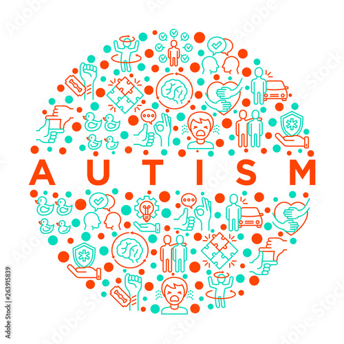 Autism concept in circle, symptoms and adaptive skills thin line icons: repetitive behavior, stereotypy, ignoring of danger, autoaggression, hysterics, social interaction. Modern vector illustration.