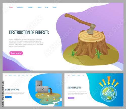 Destruction of forests vector, environmental problems water pollution with garbage, ozone depletion and issues attacking earth planet danger. Website or landing page flat style. Concept for Earth day