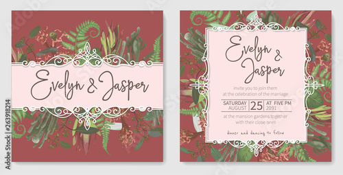 Wedding invitation set, beautiful greeting card, vector watercolor banner. Brunia, fern, eucalyptus, leucadendron, gaultheria, salal, jatropha on background with grid. Postcards