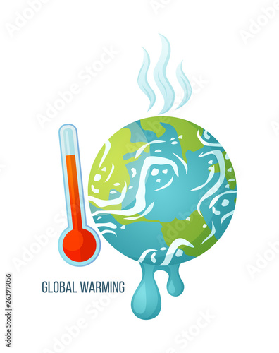 Global warming vector, dangerous process of melting, suffering planet with thermometer and red scale, vapours coming from earth surface, problems ecology. Concept for Earth day