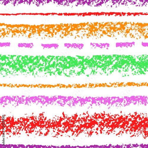 Seamless pattern with colorful wax crayon strokes. Hand drawn bright multicolor pastel chalk stripes background. Vector like kids hand painting grunge texture. 