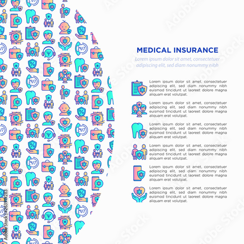 Medical insurance concept with thin line icons: policy, life insurance, psychological support, maternity program, 24/7 support, mobile app, telemedicine. Vector illustration, template for print media.