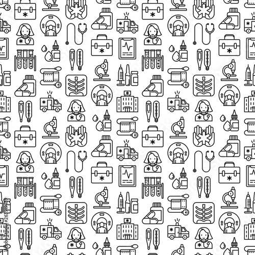Medicine seamless pattern with thin line icons: doctor, ambulance, stethoscope, microscope, thermometer, hospital, z-ray image, MRI scanner, tonometer. Vector illustration for medical survey, report.