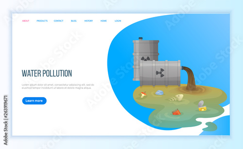 Water pollution, environmental problem with river or sea chemical waste from tube, plastic and organic objects trash from pipe, discarded vector. Webpage landing page flat style. Concept for Earth day