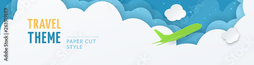 Vector horizontal banner with 3d scene with paper cut green airplane in clouds. Template in paper style for design of flyers and newsletters. Carving art with blue background.