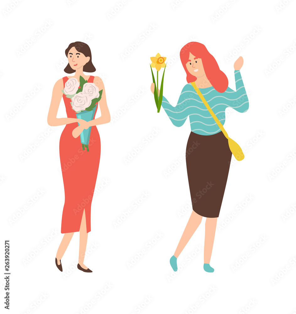 Elegant women with spring flower bouquets celebrate 8 March holiday. Vector female people with blooming gifts, gorgeous bunches flat style illustration Elegant women with spring flower bouquets celebrate 8 March holiday. Vector female people with blooming gifts, gorgeous bunches flat style illustration