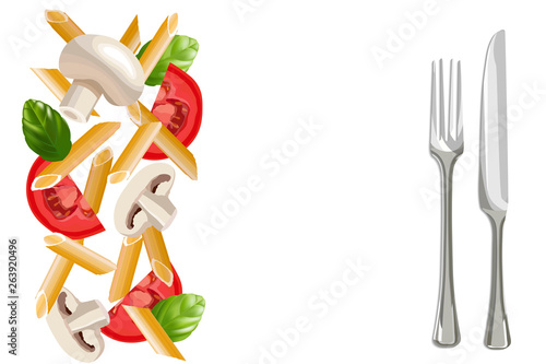 Dry penne pasta with basil, tomatoes, mushrooms, fork and knife aside