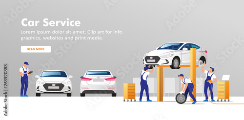 Auto service and repair. Cars in maintenance workshop with mechanics team. Vector illustration.