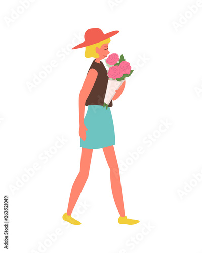 Pink roses given to woman vector, isolated girl wearing stylish clothes on international womens day. Female walking with flowers in paper wrapping