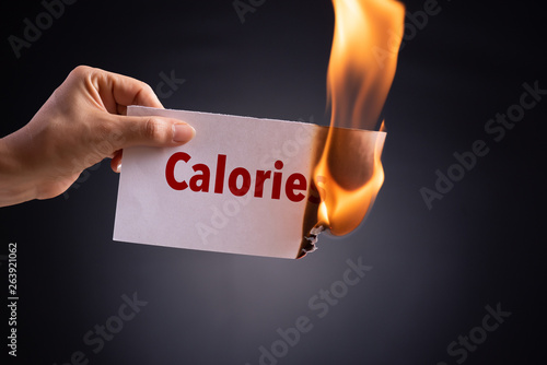 Woman hand holding a burning piece of paper with the word calories. Healthcare concept. photo