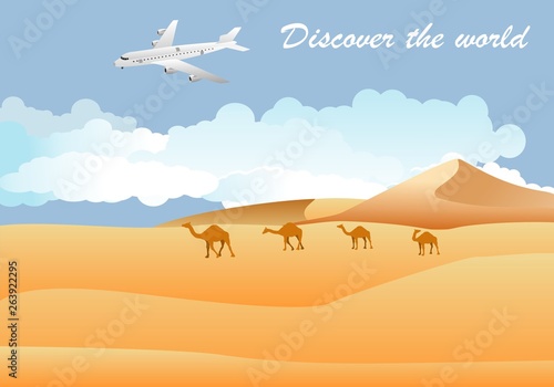 Travel concept  desert sand dunes  camels caravan silhouettes  vector