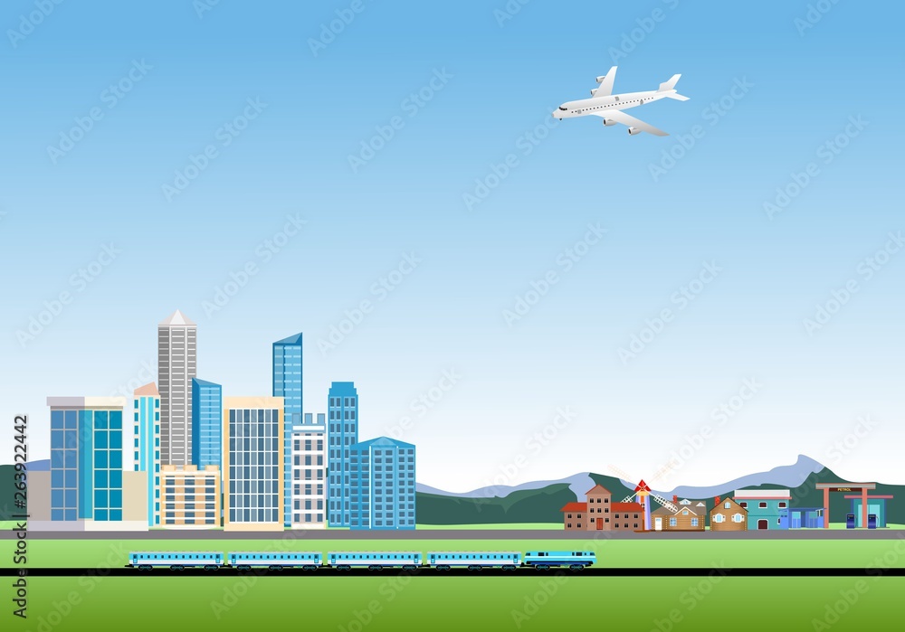 Urban landscape, cityscapes, city buildings, plane flying, modern landscape vector