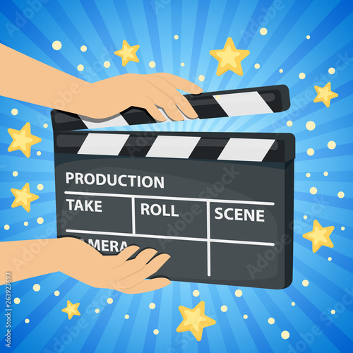 Bright blue background with hands holding movie clapper board. Vector