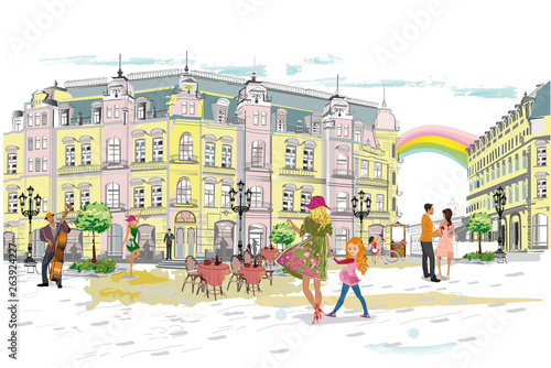 Series of colorful retro street views with fashion people in the old city. Hand drawn vector architectural background with historic buildings. Street musicians.