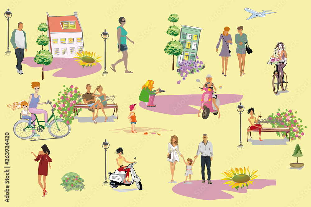 People walking and have a rest outdoor in summer park in the flat style. Set of leisure outdoor activities - playing with ball, walking dog, painting, eating lunch, sunbathing.Vector illustration. People walking and have a rest outdoor in summer park in the flat style. Set of leisure outdoor activities - playing with ball, walking dog, painting, eating lunch, sunbathing.Vector illustration.