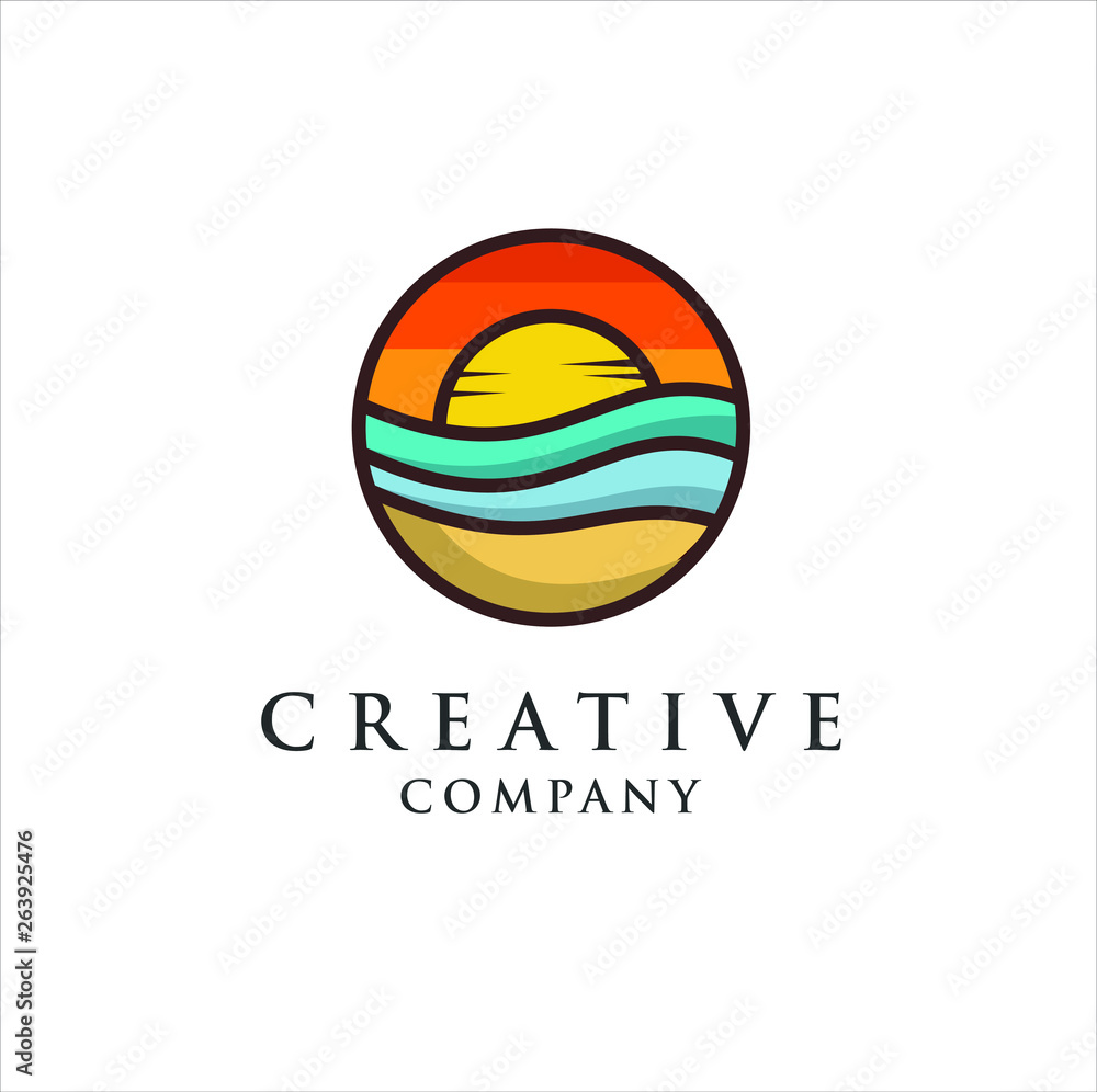 Summer logo design is suitable for travel logos, with the concept of the sun, beach, sea and coconut trees