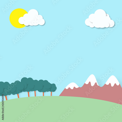 Fondo paisaje dibujo montañas, nubes y árboles