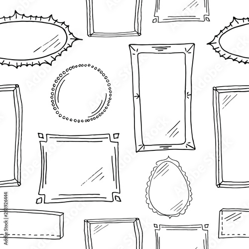 Frames seamless sketch pattern. Black hand drawn picture frames and mirrors without background. Wallpaper pattern, doodle of frames. Vector backdrop.