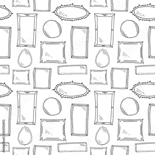 Frames seamless sketch pattern. Black hand drawn picture frames and mirrors without background. Wallpaper pattern, doodle of frames. Vector backdrop.