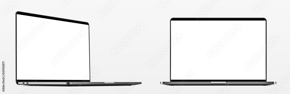 Laptop with blank screen isolated on white background, white aluminium ...