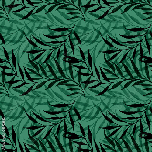 Abstract tropical leaves of dark green color over a light green color