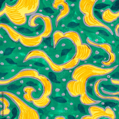 vintage style ornaments with orange figures and silver dots on a blue background