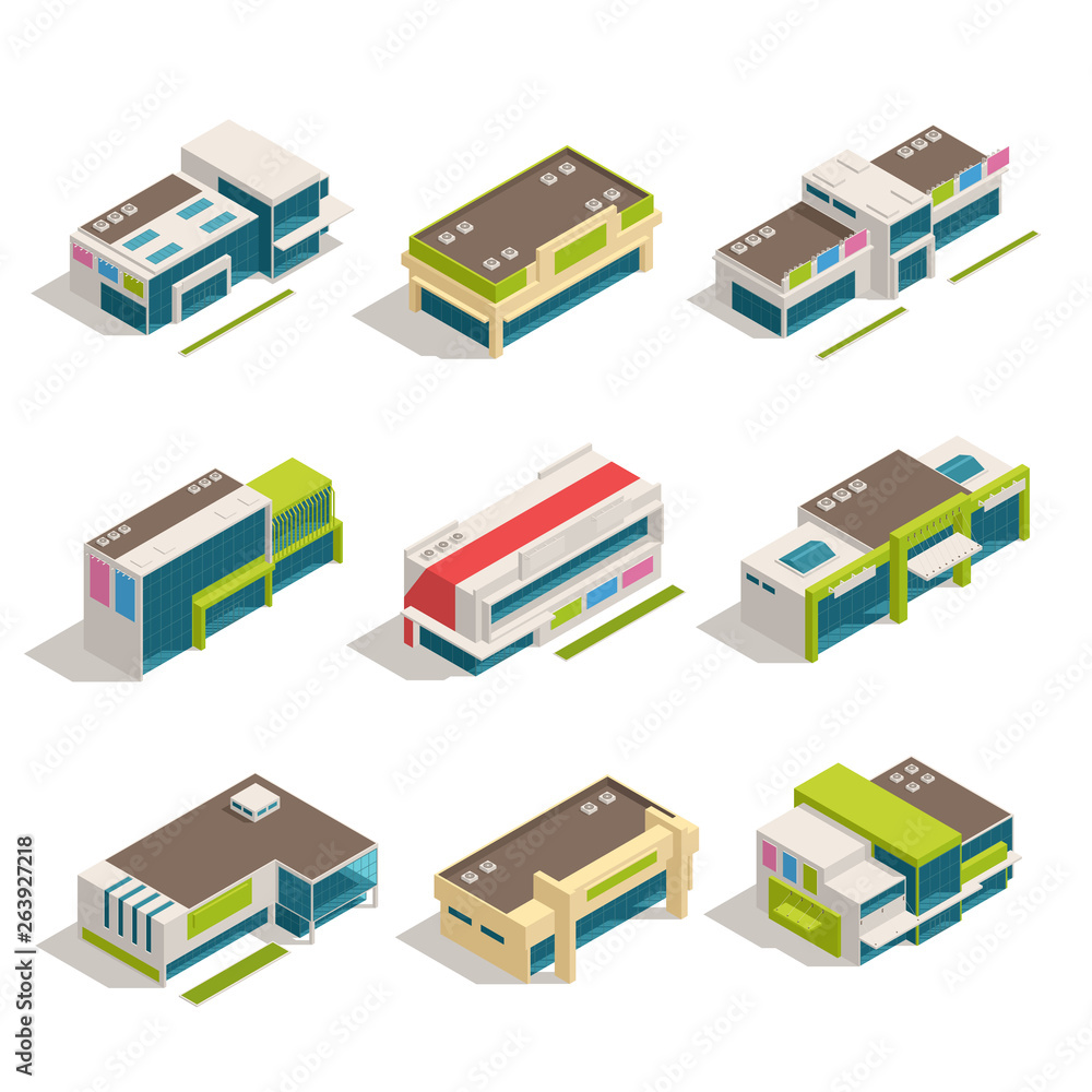 Store Mall Shopping Center Isometric Buildings Icon Set