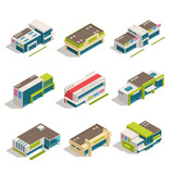 Store Mall Shopping Center Isometric Buildings Icon Set