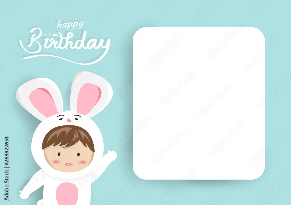 Obraz premium Birthday greeting card, adorable bunny kid mascot with tag text, cute cartoon using for children celebrate invitation vector background