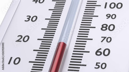 Thermometer with decreasing red temperature. Animation of zooming out from thermometer with red temperature indicator.
