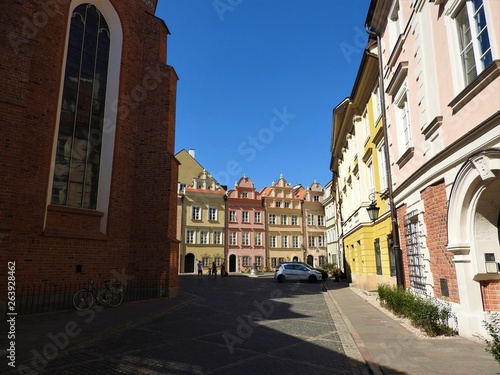 Traditional and colorful building architecture in the Old Town Market Square (Rynek Starego Miasta), Warsaw, Poland.