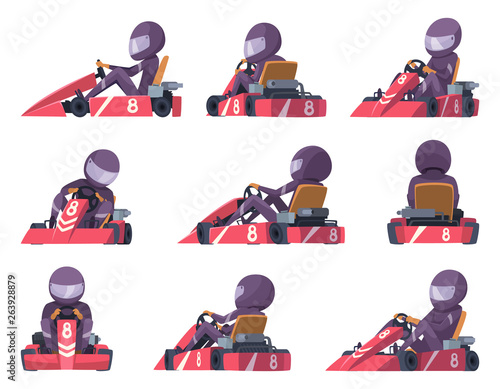 Karting racers. Sport speed cars competition vector karting automobile illustrations. Extreme speed kart, auto sport
