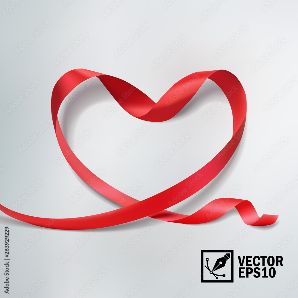 3D realistic vector ribbon wrapped in the shape of a heart, a card for celebrations and World Heart Day