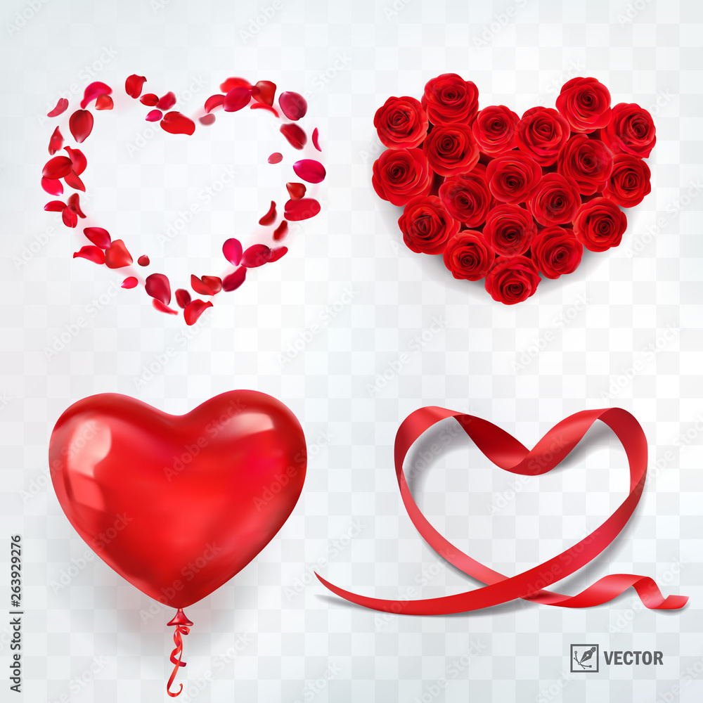 Φωτογραφία 3D realistic isolated vector set of hearts, a bouquet of roses, a ribbon wrapped in a heart shape, falling rose petals and a heart shaped balloon