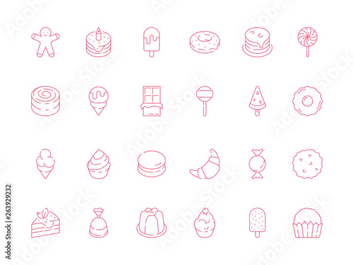 Dessert food icon. Sweets chocolate cakes and candy biscuits ice cream vector dessert symbols. Illustration of croissant and ice cream, tiramisu dessert and cake