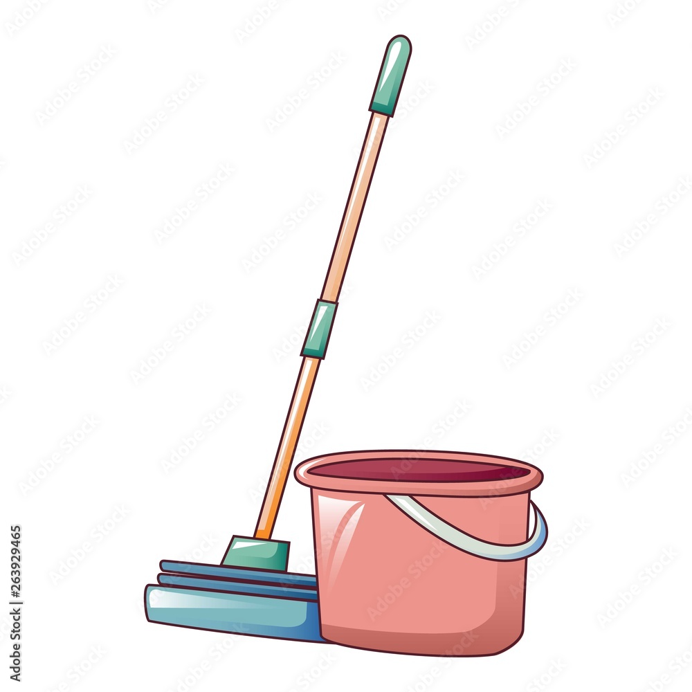 Red bucket sponge mop icon. Cartoon of red bucket sponge mop vector icon for web design isolated on white background Red bucket sponge mop icon. Cartoon of red bucket sponge mop vector icon for web design isolated on white background